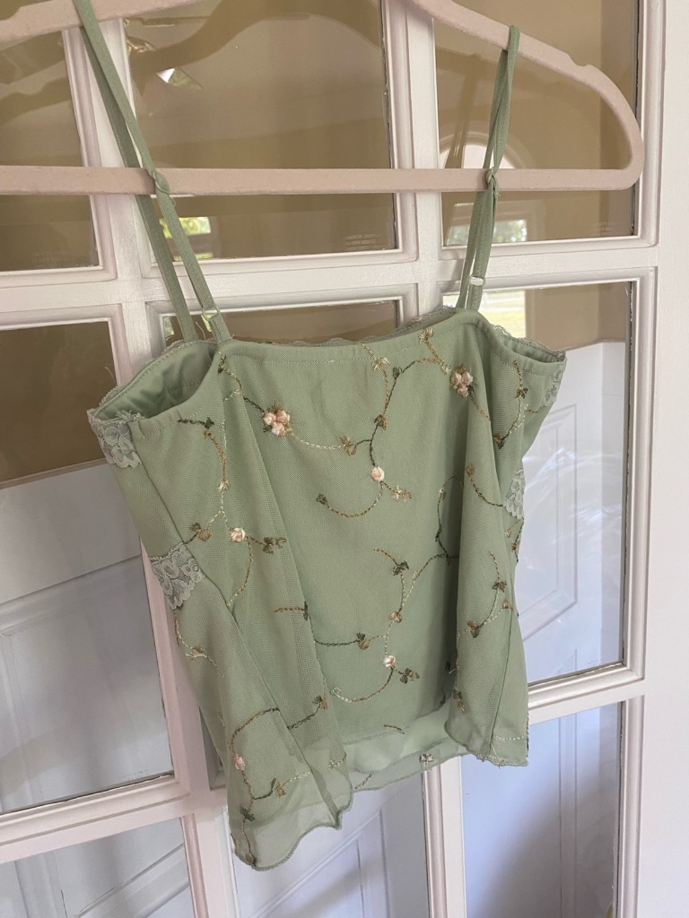 Embroidered Sage Green Lace-Trim Camisole - Picture 2 of 4